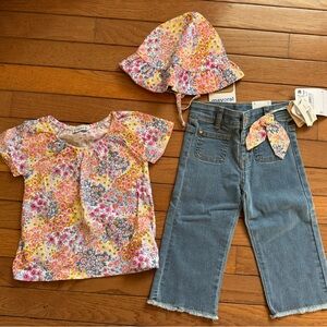 Mayoral Floral Top and Blue Jeans Set with Hat